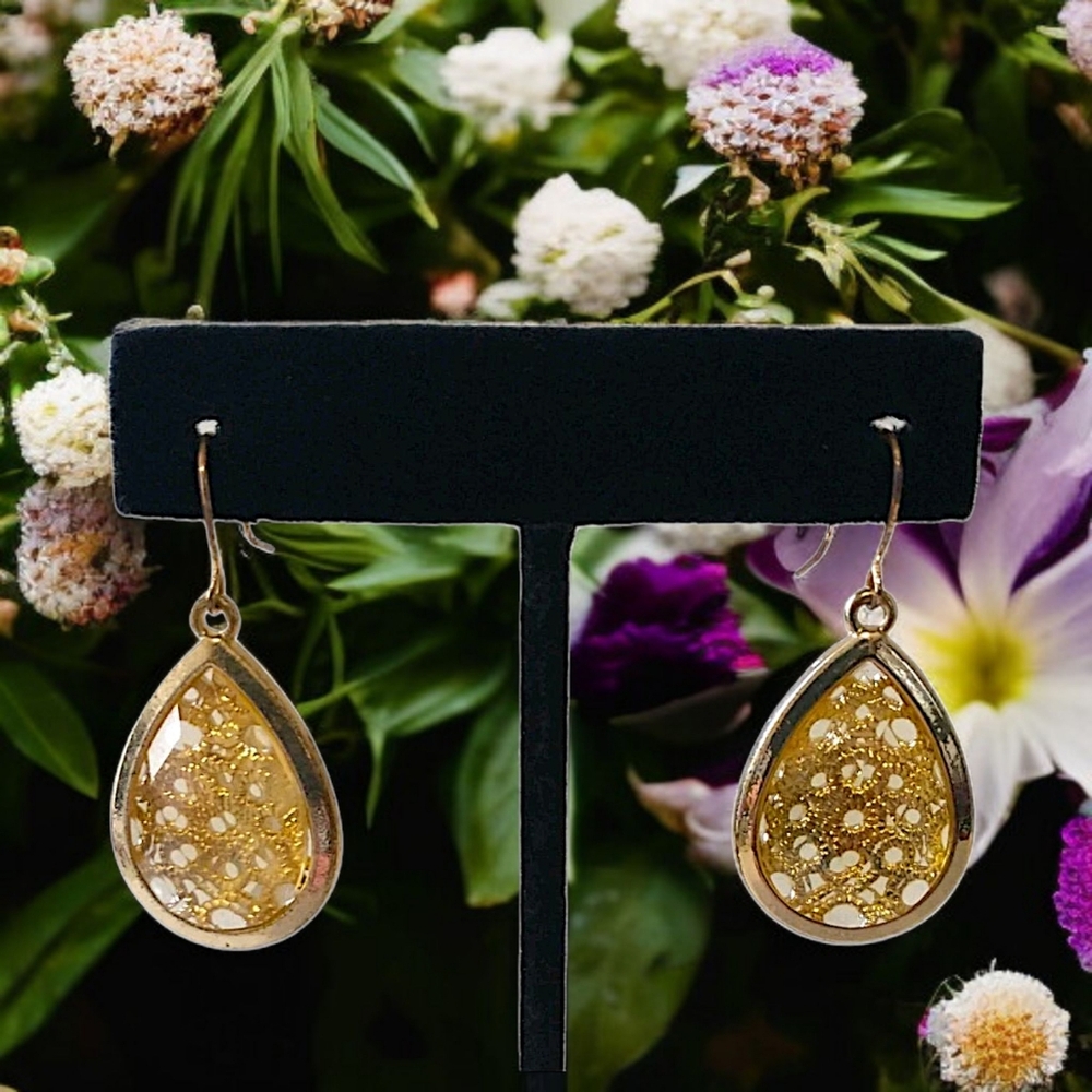 Translucent‎ Acrylic Filigree Overlay Earrings Teardrop Dangle Gold Tone Fairy